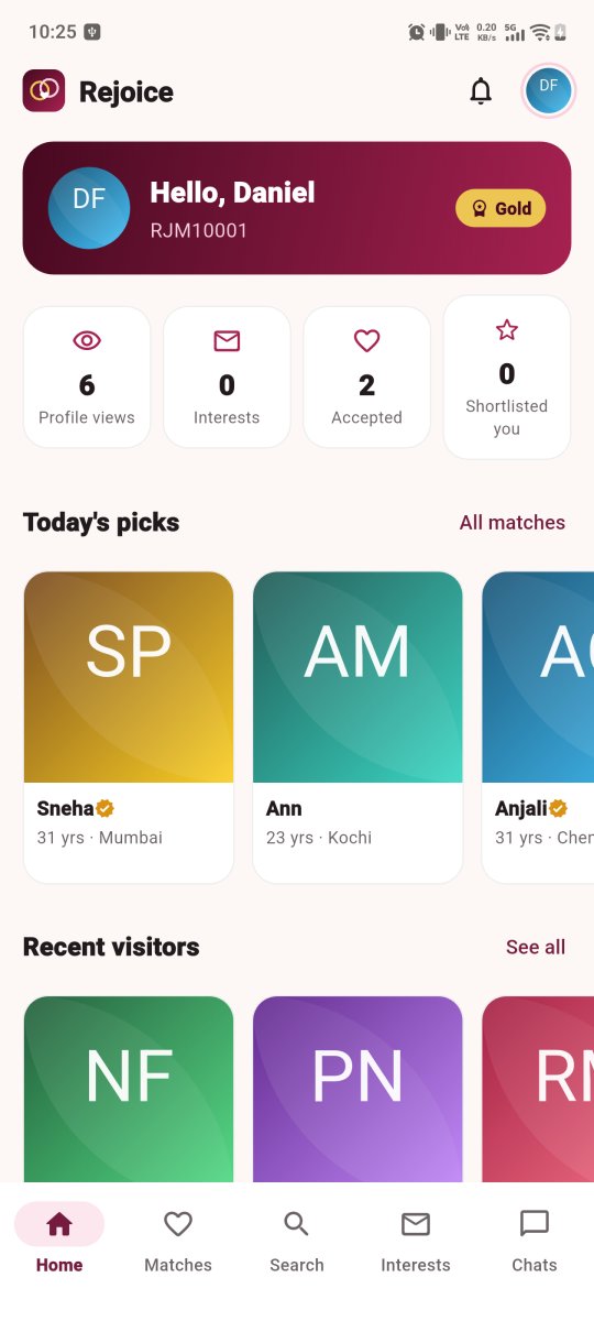 Rejoice Matrimony mobile app home screen